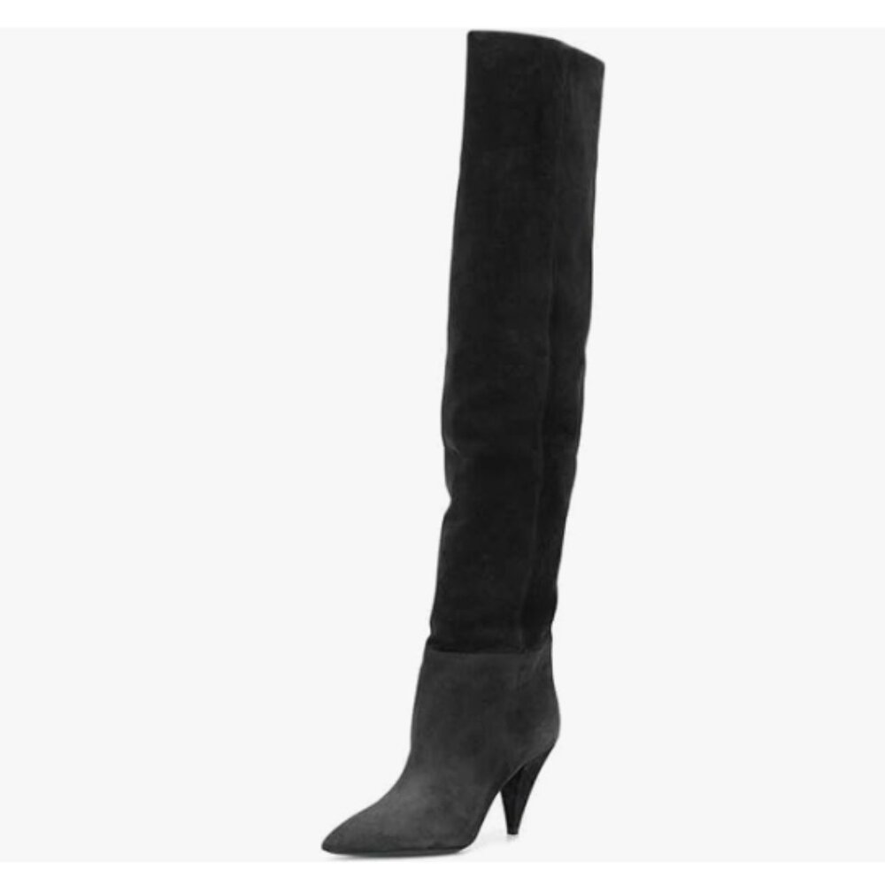 Black Cone Mid Heels Thigh High Boot Over The Knee Stretchy Pointed Toe Boot